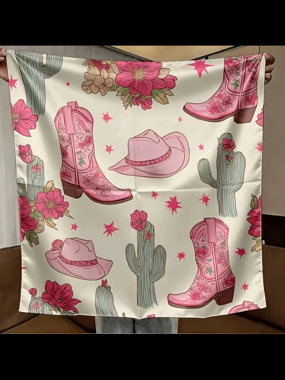 Pink Western Boots & Hat Print Silky Scarf 35”
